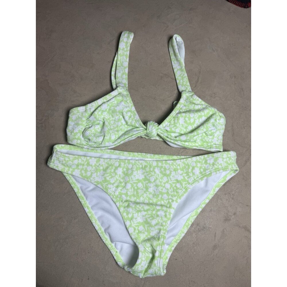 Juniors Xhilaration Lime/Neon Green And White Floral Swimsuit Bikini Size M